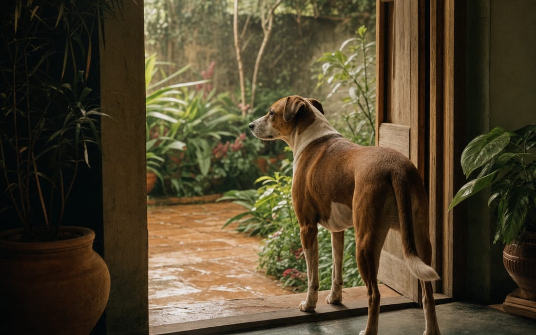 Cão adulto relaxado observa um jardim por uma porta aberta, com espaço para se aproximar ou se afastar.